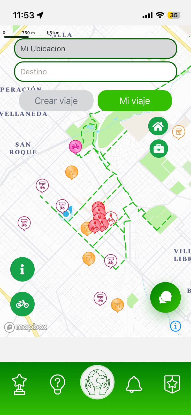 Pantalla del mapa de MOV3S con planificación de viaje y comercios cercanos